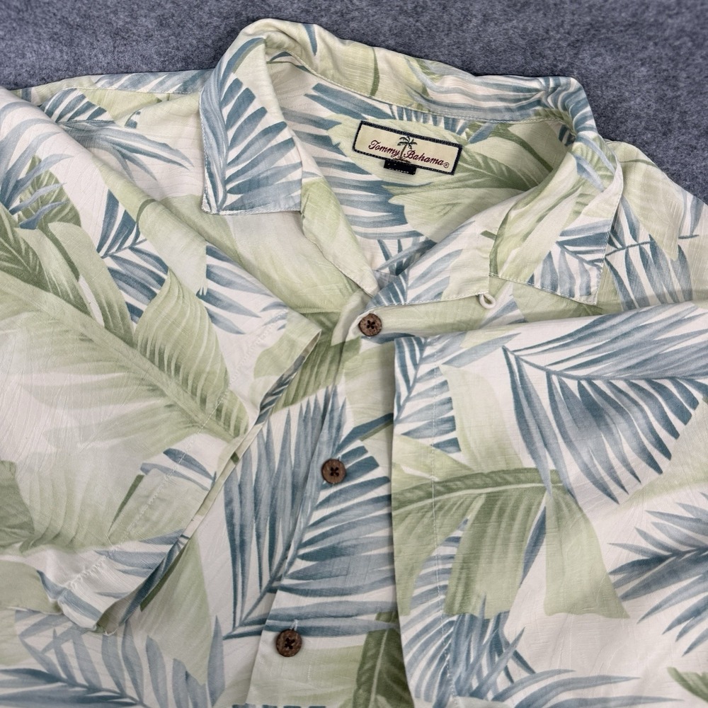 Tommy Bahama Silk Collared Shirt Mens L Green Tropical Floral Button Up Casual
